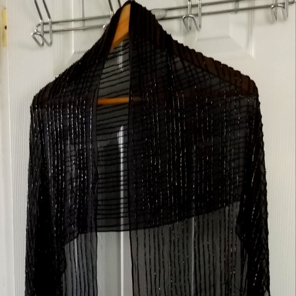 NWT Beaded 100%-Silk Cejon Black Sheer Evening Scarf Wrap